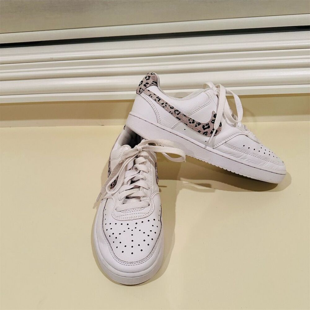 Nike Women's Court Vision Low Sneaker White Leopard Print Athletic Casual Shoes
